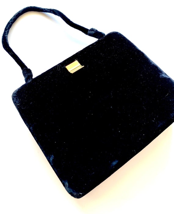 Vintage 50s 60s Black Velvet Structured Bag Box T… - image 7