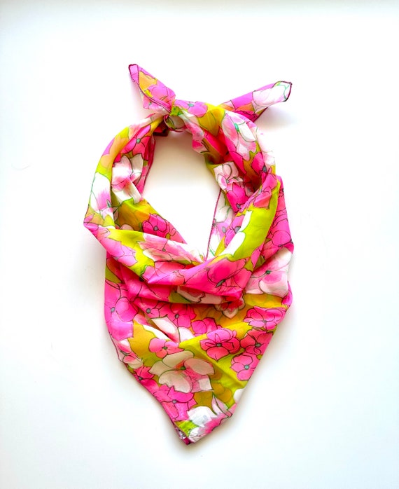 Vintage 60s 70s Neon Floral Sheer Scarf Bright Pin