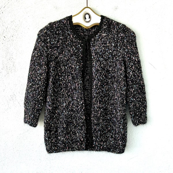 Vintage 70s 80s Metallic Cardigan Chunky Black Gold Sweater Knit Shirt Top