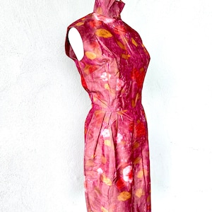Vintage 60s Metallic Silk Dress High Neck Natural Fiber 1960s Iridescent Sheath Mini Dress