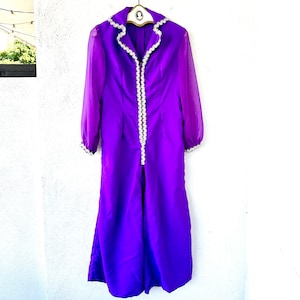 Vintage 70s Disco Wide Leg Jumpsuit 1970s Large Collar Purple Palazzo Stage One Piece