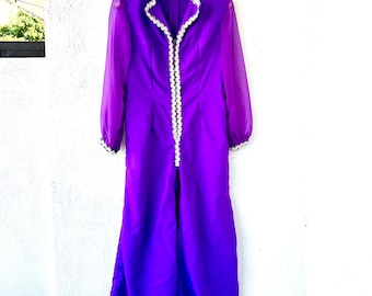 Vintage 70s Disco Wide Leg Jumpsuit 1970s Large Collar Purple Palazzo Stage One Piece