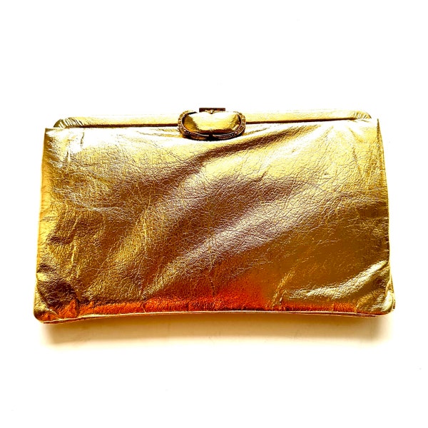 Vintage 60s Metallic Gold Clutch Space Age Bag // Shiny Envelope Handbag Purse Purse