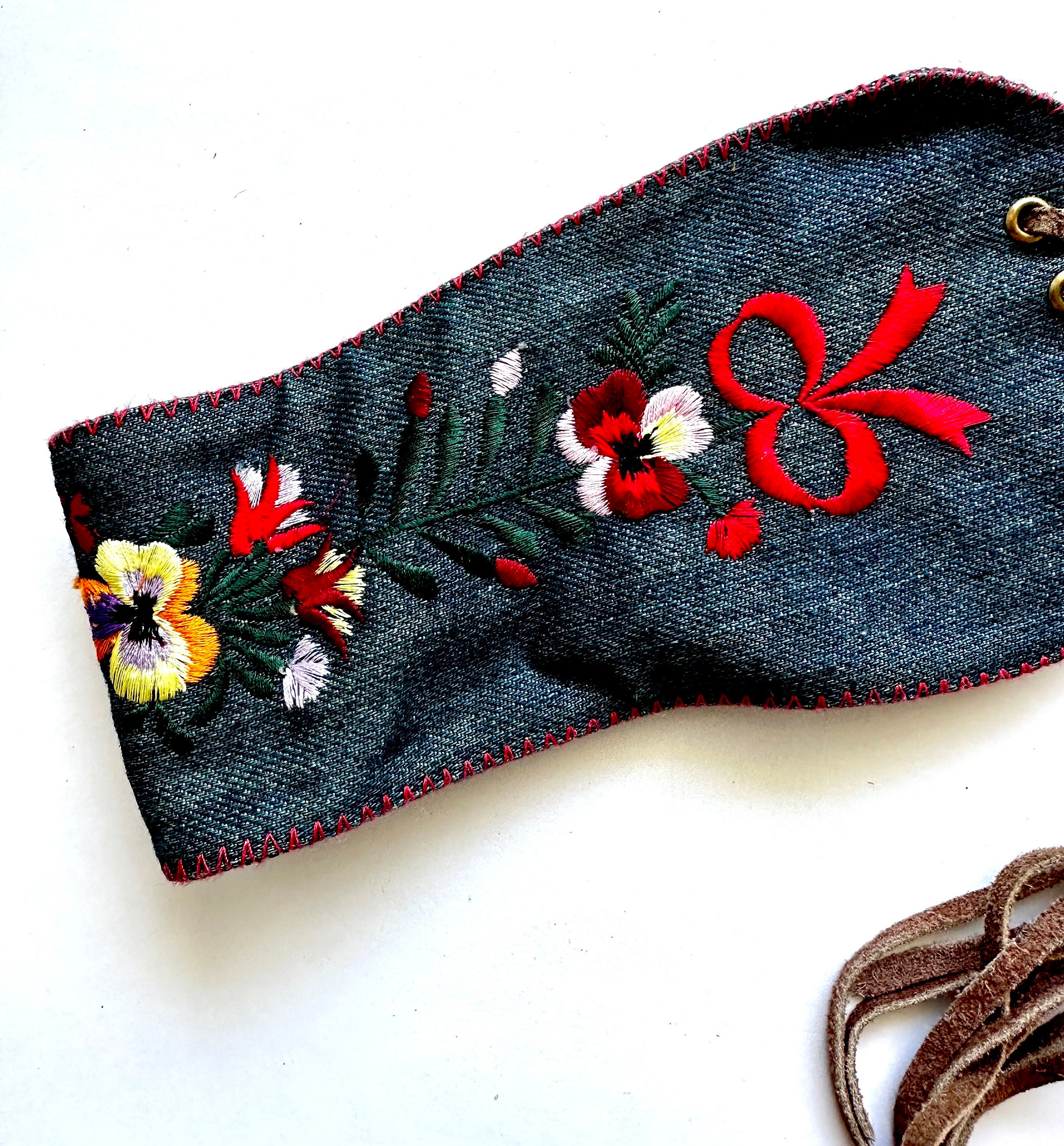 Vintage 90s Y2k Boho Embroidered Denim Corset Belt Lace up 