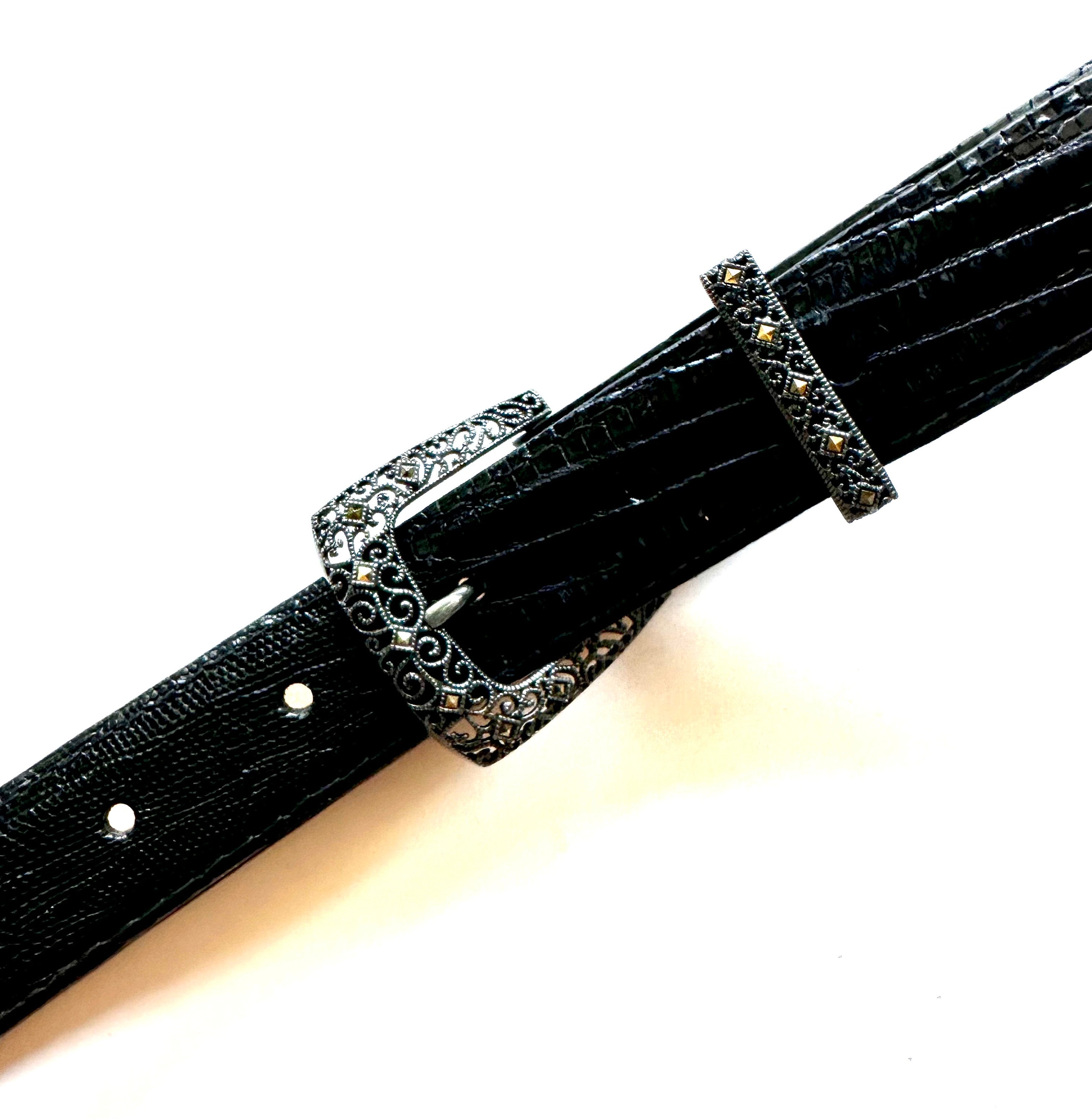Judith Jack 1990s Black Leather Marcasite Buckle Belt MED Silvertone Western Vintage Judith Jack Belt 90s Marcasite Sterling Silver  main image 4