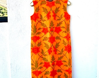 Vintage 60s 70s Hawaiian Dress Bright Orange Sheath Floral Hawaii Tank Dress