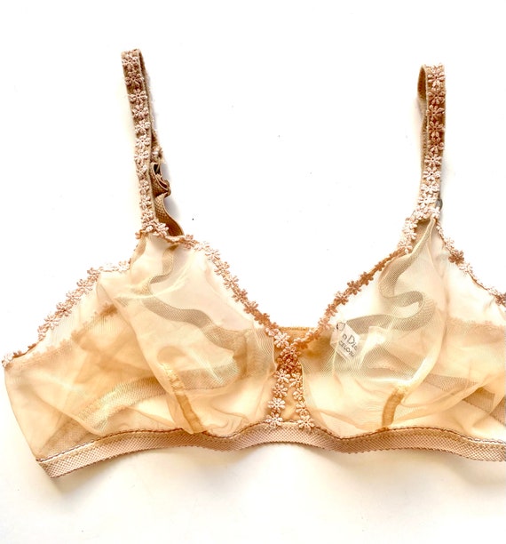 Vintage 60s Christian Dior Nude Mesh Bra Embroide… - image 4