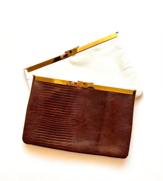 Vintage 60s Leather Clutch 70s Handbag Brown Whit… - image 3