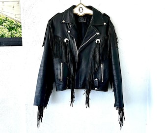 Vintage Biker Leather Motorcycle Jacket Southwestern Fringe Black Concho Coat