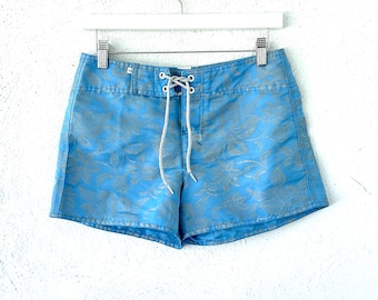 Vintage 90s Ripcurl Board Shorts: Metallic Silver Hawaiian Floral, Size 5