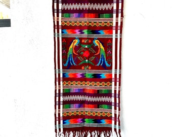 Vintage bordado tejido pájaro flecos decoración tela camino de mesa rojo blanco colgante de pared