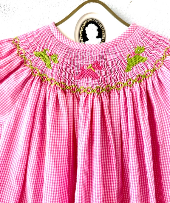 Vintage Girls Smocked Gingham Swing Dress Embroid… - image 2