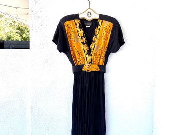 Vintage 80s Baroque Gauze Dress Black with Strong Shoulders and Matching Belt