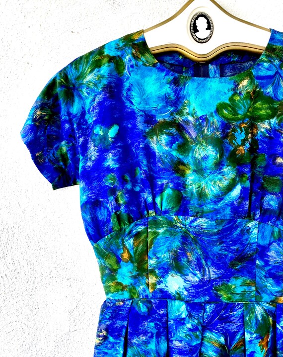 Vintage 50s 60s Japanese Silk Artsy Floral Blue D… - image 8