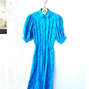 Vintage 80s 90s Silk Collared Shirtdress 1980s 1990s Blue Midi Apron Dress