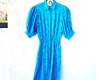 Vintage 80s Silk Collared Strong Shoulder Blue Midi Dress