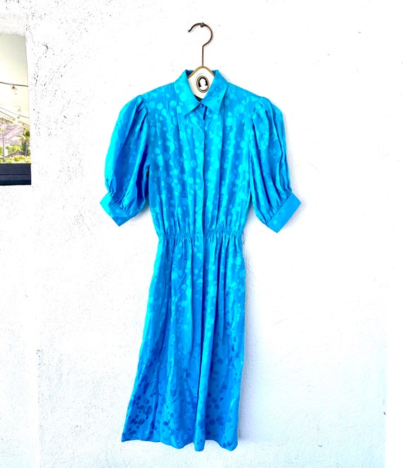 Vintage 80s Silk Collared Strong Shoulder Blue Mi… - image 1