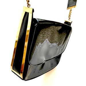 Vintage 70s 80s Black Shiny Purse Patent Leather Shoulder Bag Gold Chain Bag