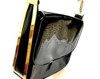 Vintage 70s 80s Black Shiny Purse Patent Leather Shoulder Bag Gold Chain Bag