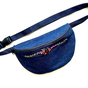Vintage Embroidered Denim 90s Fanny Pack // Blue Jeans Hip Bag Pink Floral 1990s Boho Hippie Crossbody Bag