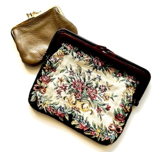 Vintage 70s Tapestry Handbag Embroidered Floral Clutch Petite Point Bag
