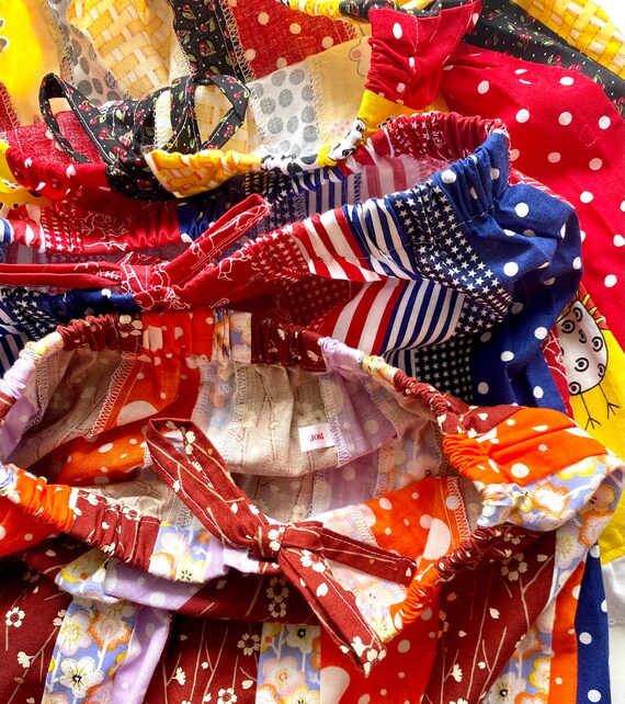 Vintage Quilted Patchwork Striped Ruffle Mini Ski… - image 5