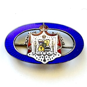 Antique Victorian Hawaiian Coat of Arms Lapel Pin Sterling Silver Brooch Pendant Guilloche Enamel H Culman Hawaii Jewelry