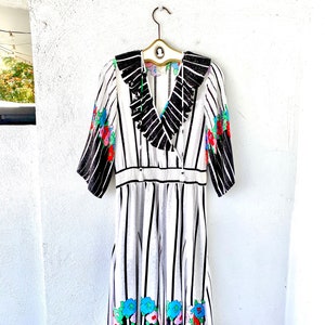 Vintage Diane Fréis Ruffle Floral Dress 80s Floral Graphic Dress