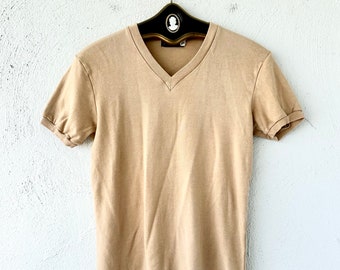 Vintage 70s Cotton Fitted Tshirt Single Stitch Top 1970s Beige Shirt
