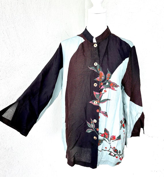 Vintage Citron 90s Silk Top Mandarin Collar Shirt… - image 2