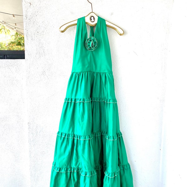 Vintage 60s 70s Holiday Dress Tiered Ruffle Halter Dress 1970s Prom Homecoming Dress