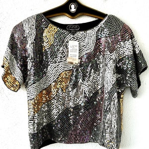 Vintage 80s 90s Sequin Metallic Silk Top 1980s 1990s Artsy Glam Oversized Shirt