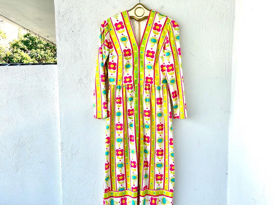 Vintage 60s 70s Flower Power Dress 1960s 1970s Bright Floral Long ...