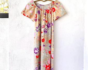 Vintage 70s Hawaii Floral Butterfly Caftan Dress 1970s Hawaiian Muumuu
