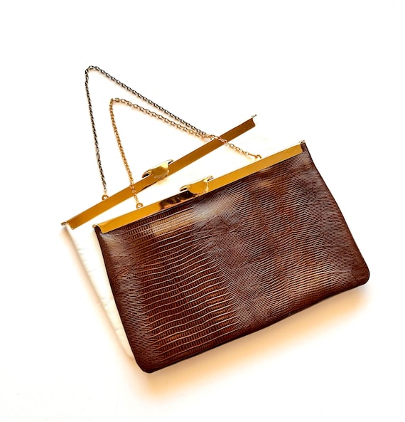 Vintage 60s Leather Clutch 70s Handbag Brown Whit… - image 2
