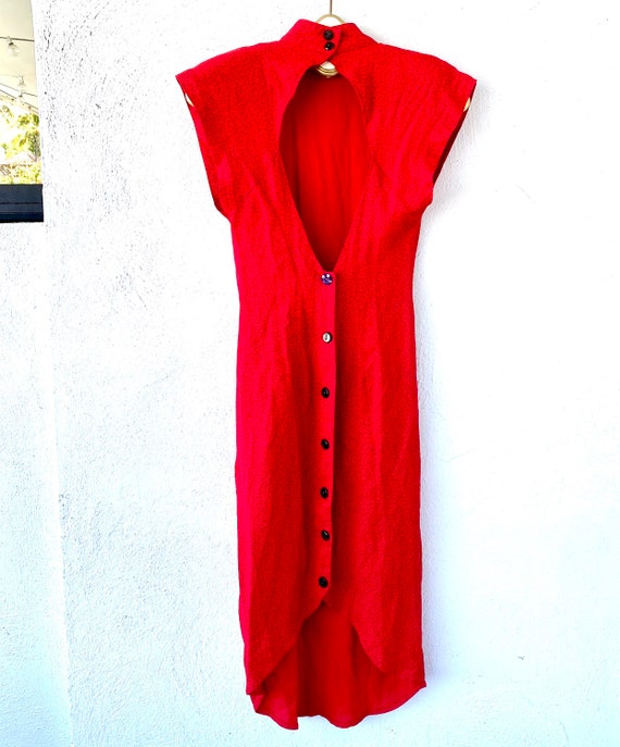 Vintage 80s Strong Shoulder High Neck Red Dress w… - image 2