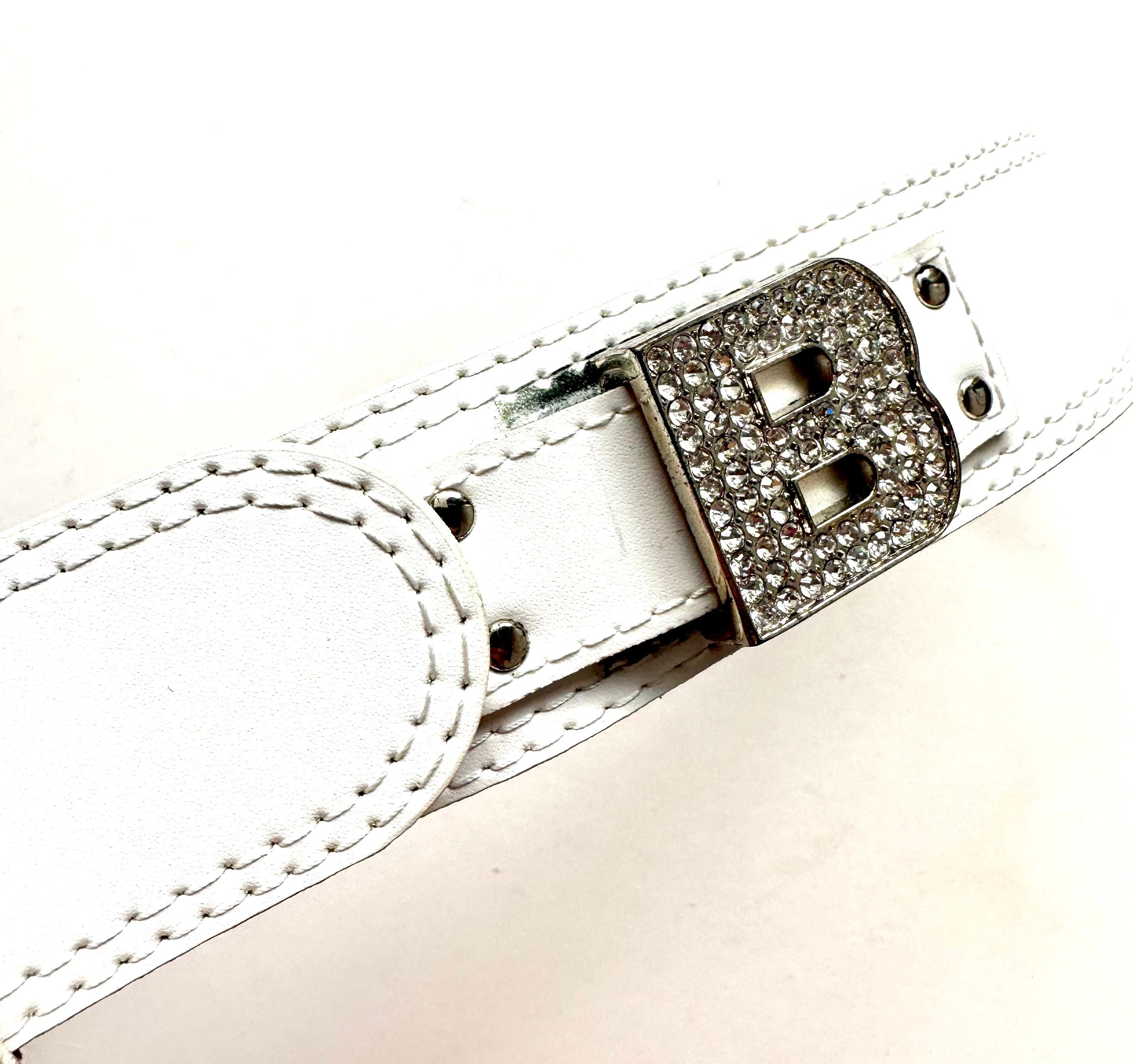 Vintage Rhinestones Buckle Leather Belt Roccobarocco White  display picture 1