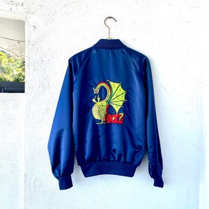 Vintage Embroidered Dragon Satin Bomber Blue 70s Asian Jacket