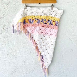 Vintage Crochet Pastel Rainbow Boho Swimsuit Cape Poncho Coverup // White Knit Shawl Wrap Skirt image 5