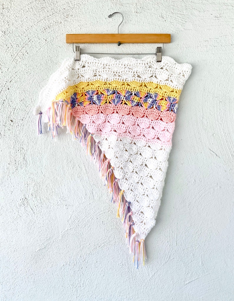 Vintage Crochet Pastel Rainbow Boho Swimsuit Cape Poncho Coverup // White Knit Shawl Wrap Skirt image 5