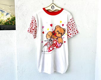 Vintage jaren 80 hart tshirt jurk jaren 80 teddybeer harten lange lounge shirt badpak cover-up