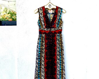 Vintage 60s 70s Hawaiian Barkcloth Graphic Dress Hawaii Bright Dress