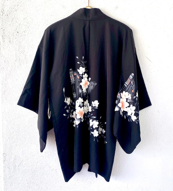 Vintage Japanese Black Floral Kimono Cardigan Top… - image 5