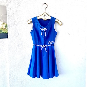 Vintage 70s Cheerleader Dress // 1970s Blue with White Trim Short Mini Dress