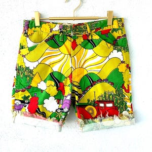 Vintage 70s Pop Graphic Jeans Cutoff Shorts 1970s Comic Sun Farm Denim High Waisted Jean Bottoms