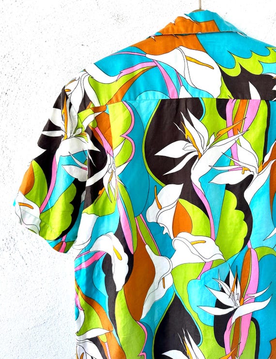 Vintage 60s Hawaiian Aloha Shirt: Barkcloth Floral Print, Hookano 