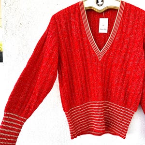 Vintage 80s 90s Metallic Knit Sweater Red Gold 1980s 1990s Knit V Neck Top