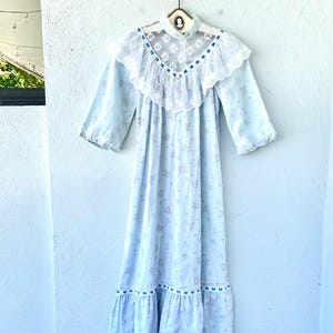 Vintage jaren 70 jaren 80 Hawaï kanten kraag Muumuu Victoriaanse revivaljurk Prairie bloemen Hawaiiaans