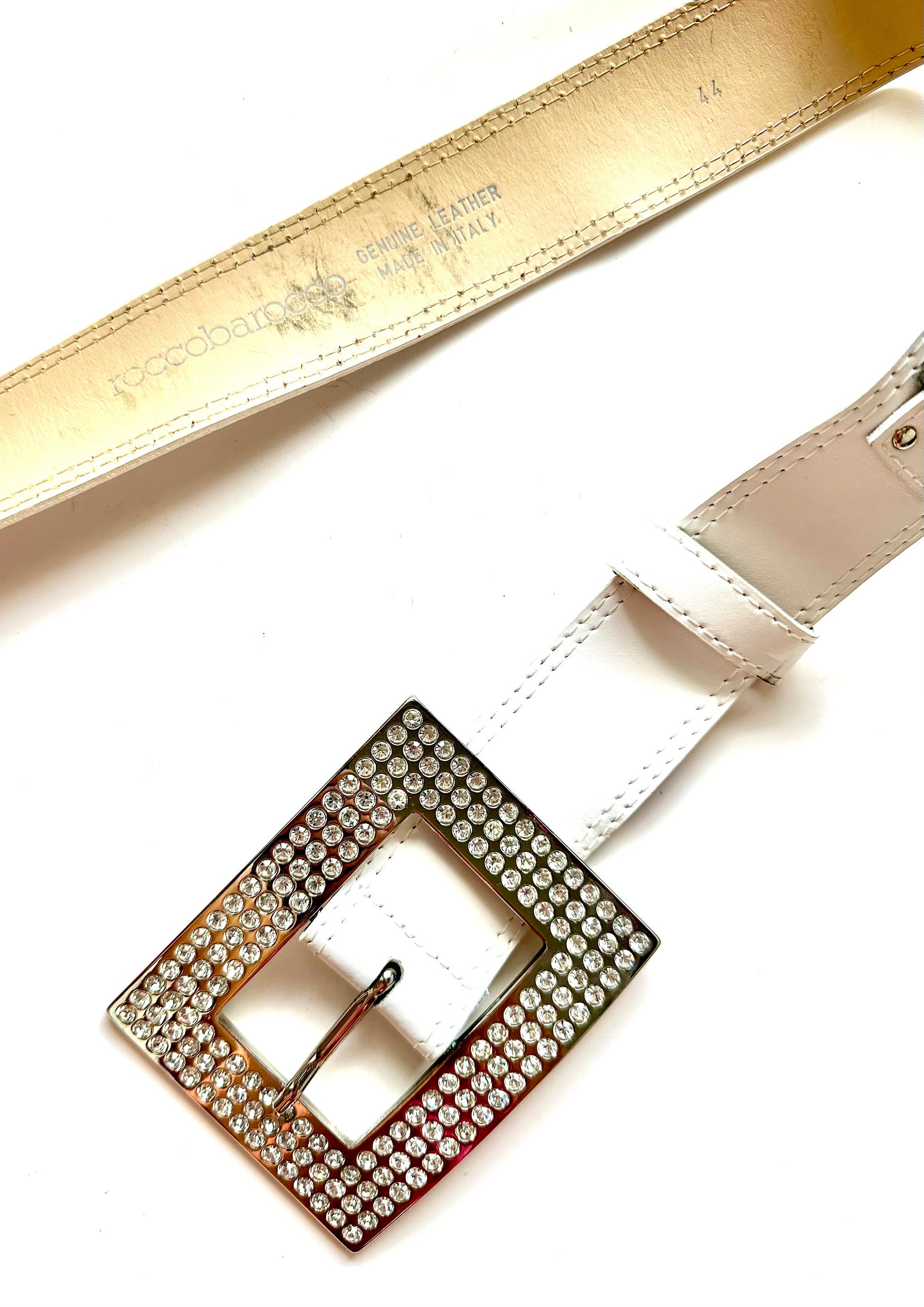 Vintage‎ Roccobarocco Jeans Rhinestone Genuine Leather Belt White Womens Size 48 Vintage Rhinestones Buckle Leather Belt Roccobarocco White  main image 3