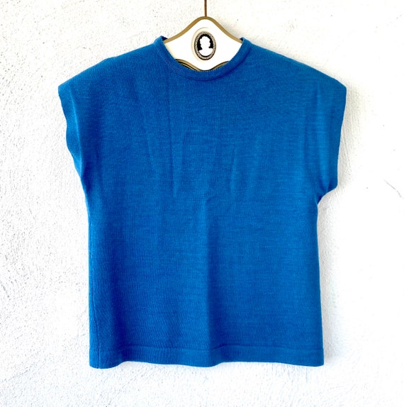 Vintage 60s Mod Minimalist Wool Knit Blue Sweater… - image 6